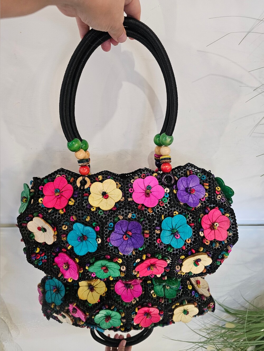 Handcrafted Black Floral Appliqué Tote Bag - Multicolor